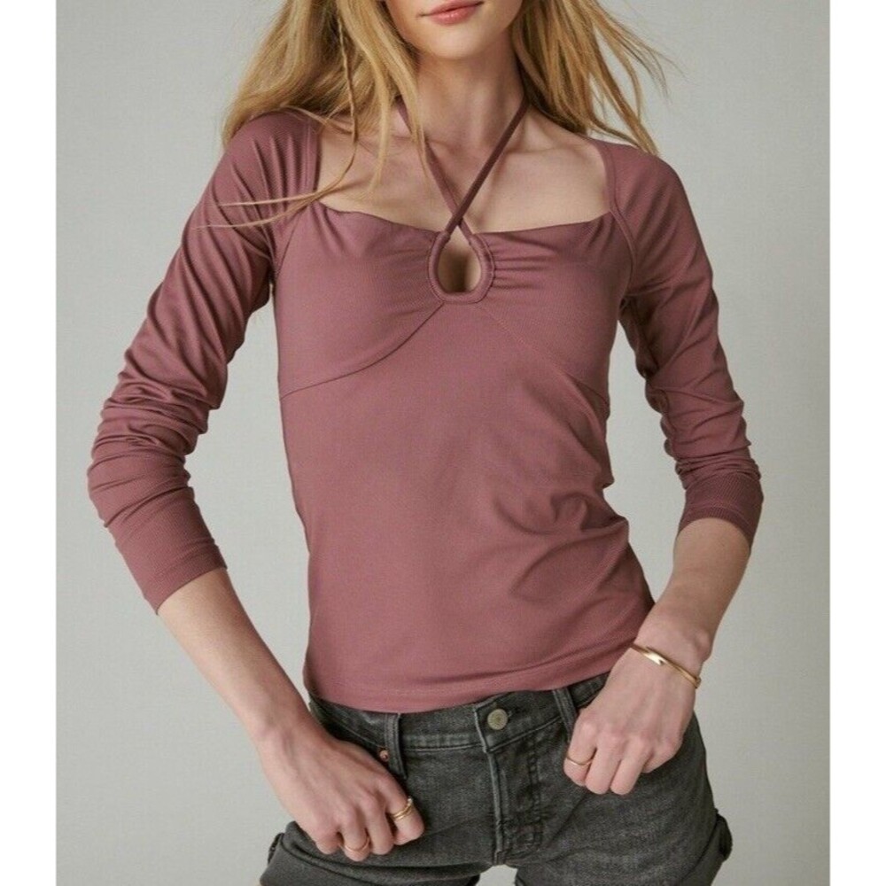 Lucky Brand Women's Top Top Sz XS Ribbed Keyhole-Cutout Long-Sleeve Top Purple